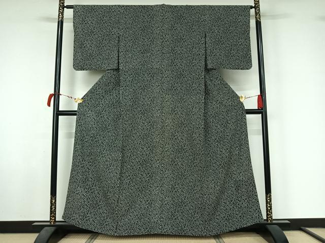 平和屋着物▽上質な小紋　単衣　舞葉文　黒地　正絹　逸品　AABL6849jh