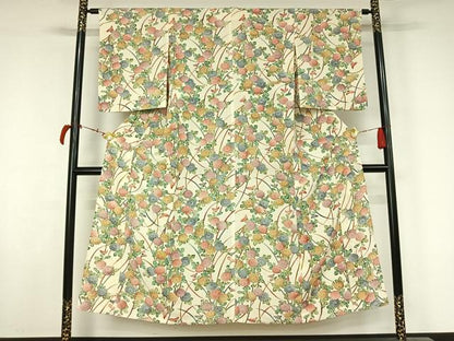 平和屋着物▽上質な小紋　単衣　型染め　草花文　鬼しぼ縮緬　正絹　逸品　AABL6851jh