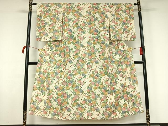 平和屋着物▽上質な小紋　単衣　型染め　草花文　鬼しぼ縮緬　正絹　逸品　AABL6851jh
