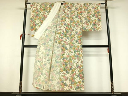 平和屋着物▽上質な小紋　単衣　型染め　草花文　鬼しぼ縮緬　正絹　逸品　AABL6851jh