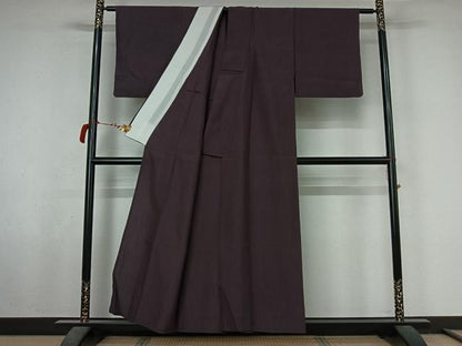 平和屋着物▽経節紬　単衣　色無地　深紫色　正絹　逸品　AABL6853jh