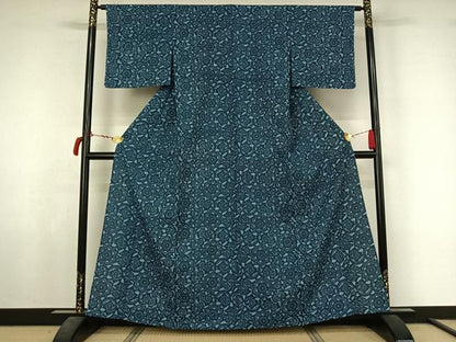 平和屋着物▽上質な小紋　単衣　本藍　型染め　花唐草文　正絹　逸品　AABL6863jh
