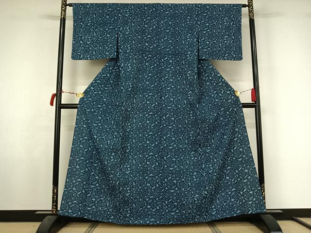 平和屋着物▽上質な小紋　単衣　本藍　型染め　花唐草文　正絹　逸品　AABL6863jh