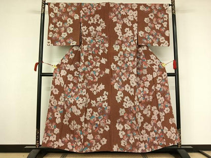 平和屋着物▽上質な小紋　単衣　草花文　正絹　逸品　AABL6864jh