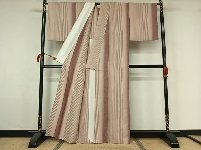 平和屋着物▽お召　単衣　縞　正絹　逸品　AABL6869jh