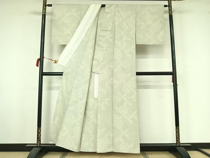平和屋着物▽上質な紬　単衣　七宝花文　正絹　逸品　AABL6870jh