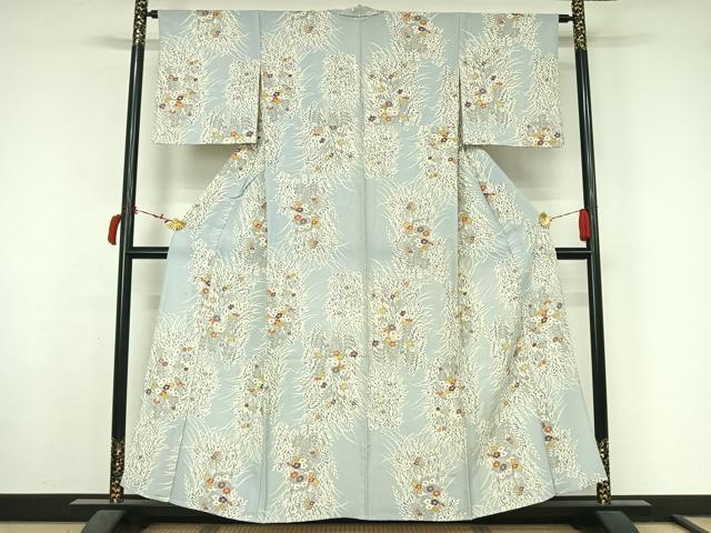 平和屋着物▽上質な小紋　単衣　草葉文　正絹　逸品　AABL6871jh