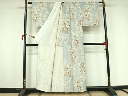 平和屋着物▽上質な小紋　単衣　草葉文　正絹　逸品　AABL6871jh