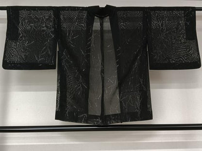 平和屋着物▽羽織　スリーシーズン　春夏秋　塵除け　草葉文　黒地　銀糸　正絹　逸品　AABL6882jh