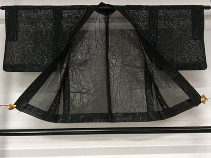 平和屋着物▽羽織　スリーシーズン　春夏秋　塵除け　草葉文　黒地　銀糸　正絹　逸品　AABL6882jh