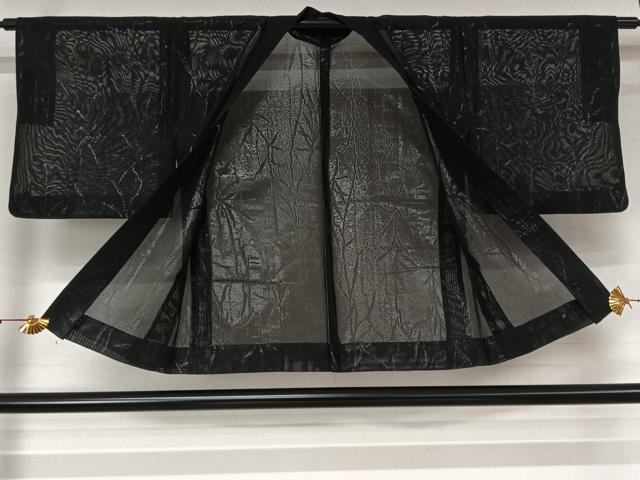 平和屋着物▽羽織　スリーシーズン　春夏秋　塵除け　草葉文　黒地　銀糸　正絹　逸品　AABL6882jh