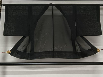 平和屋着物▽羽織　スリーシーズン　春夏秋　塵除け　草葉文　黒地　正絹　逸品　AABL6885jh