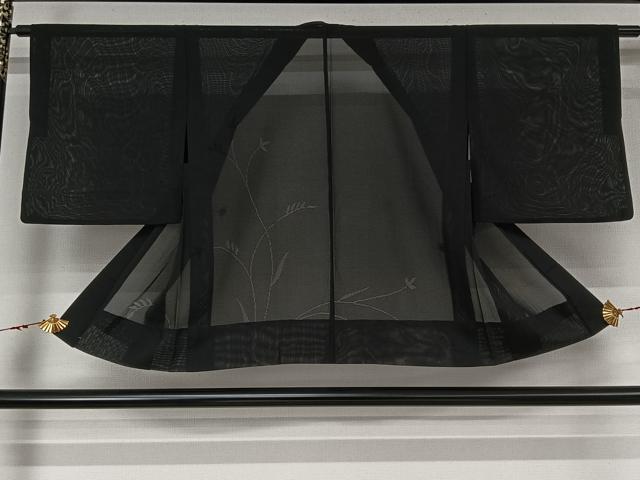 平和屋着物▽羽織　スリーシーズン　春夏秋　塵除け　草葉文　黒地　正絹　逸品　AABL6885jh