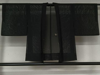 平和屋着物▽羽織　スリーシーズン　春夏秋　塵除け　草葉文　黒地　正絹　逸品　AABL6885jh