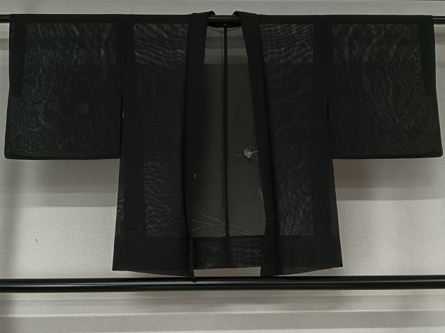 平和屋着物▽羽織　スリーシーズン　春夏秋　塵除け　草葉文　黒地　正絹　逸品　AABL6885jh
