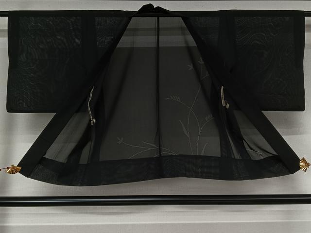 平和屋着物▽羽織　スリーシーズン　春夏秋　塵除け　草葉文　黒地　正絹　逸品　AABL6885jh