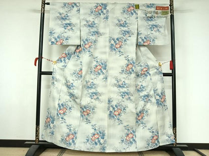 平和屋着物●小千谷紬　単衣　枝花文　証紙付き　正絹　逸品　AABL6889jh