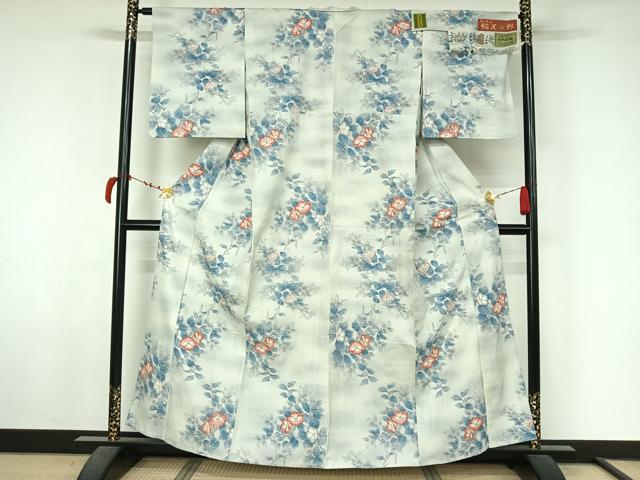 平和屋着物●小千谷紬　単衣　枝花文　証紙付き　正絹　逸品　AABL6889jh