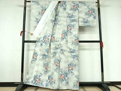 平和屋着物●小千谷紬　単衣　枝花文　証紙付き　正絹　逸品　AABL6889jh