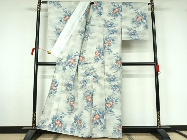 平和屋着物●小千谷紬　単衣　枝花文　証紙付き　正絹　逸品　AABL6889jh