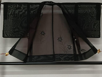 平和屋着物▽羽織　スリーシーズン　春夏秋　塵除け　草花文　黒地　正絹　逸品　AABL6902jh