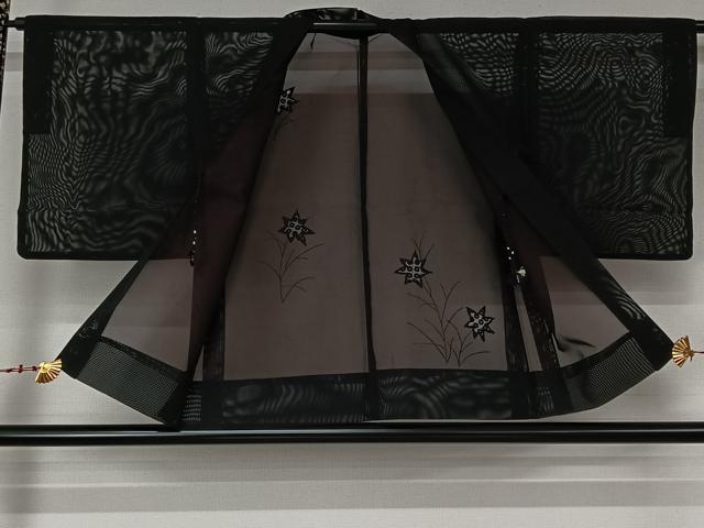平和屋着物▽羽織　スリーシーズン　春夏秋　塵除け　草花文　黒地　正絹　逸品　AABL6902jh