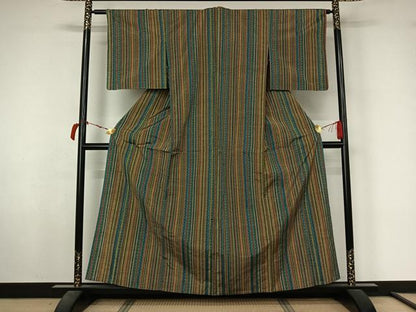 平和屋着物▽上質な紬　単衣　縞　正絹　逸品　AABL6910jh
