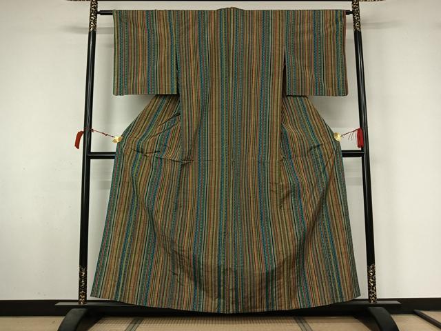 平和屋着物▽上質な紬　単衣　縞　正絹　逸品　AABL6910jh