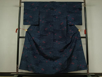 平和屋着物▽上質な紬　単衣　花唐草文　正絹　逸品　AABL6915jh