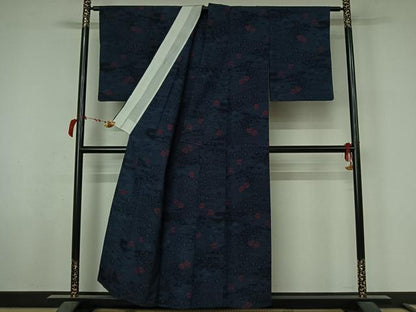平和屋着物▽上質な紬　単衣　花唐草文　正絹　逸品　AABL6915jh