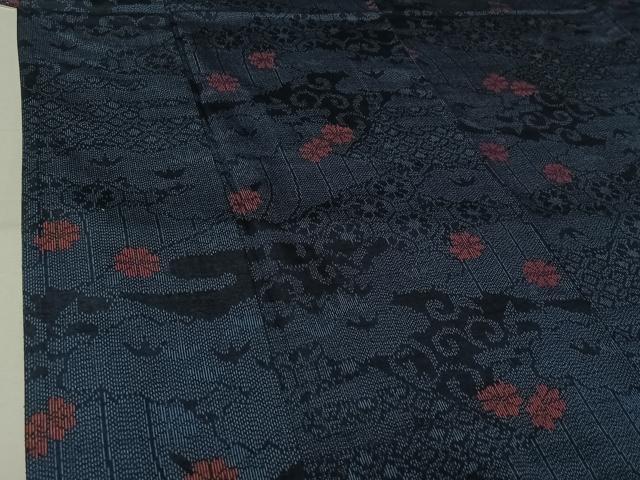 平和屋着物▽上質な紬　単衣　花唐草文　正絹　逸品　AABL6915jh
