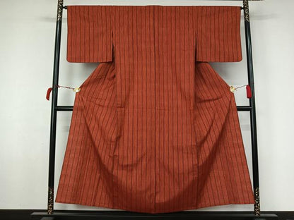 平和屋着物▽上質な紬　単衣　縞　正絹　逸品　AABL6917jh