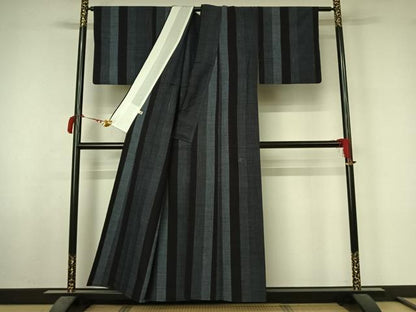 平和屋着物▽結城紬　単衣　80亀甲　間道　正絹　逸品　AABL6919jh