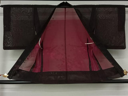 平和屋着物▽羽織　スリーシーズン　春夏秋　塵除け　舞花文　黒地　正絹　逸品　未使用　AABL6921jh