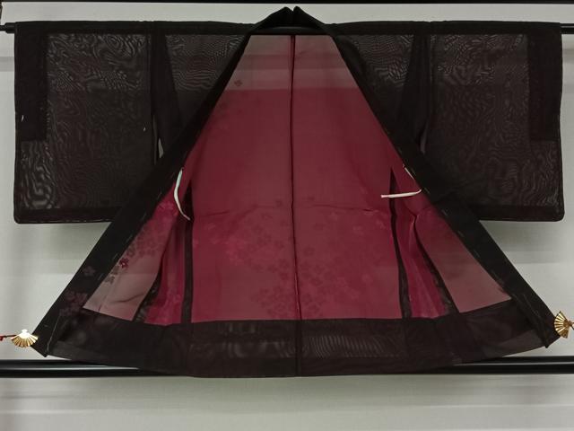 平和屋着物▽羽織　スリーシーズン　春夏秋　塵除け　舞花文　黒地　正絹　逸品　未使用　AABL6921jh
