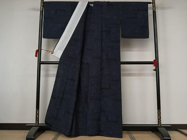 平和屋着物▽結城紬　単衣　草花文　正絹　逸品　AABL6924jh