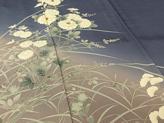 平和屋着物▽訪問着　単衣　刺繍　草花文　暈し染め　金糸　正絹　逸品　AABL6927jh