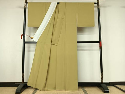 平和屋着物▽上質な色無地　単衣　枯草色　正絹　逸品　AABL6938jh