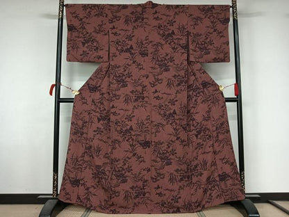 平和屋着物▽上質な小紋　単衣　風景花文　鬼しぼ縮緬　正絹　逸品　AABL6943jh