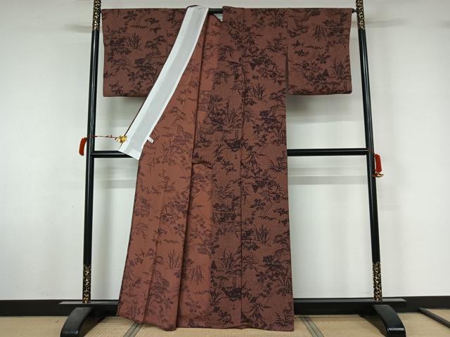 平和屋着物▽上質な小紋　単衣　風景花文　鬼しぼ縮緬　正絹　逸品　AABL6943jh