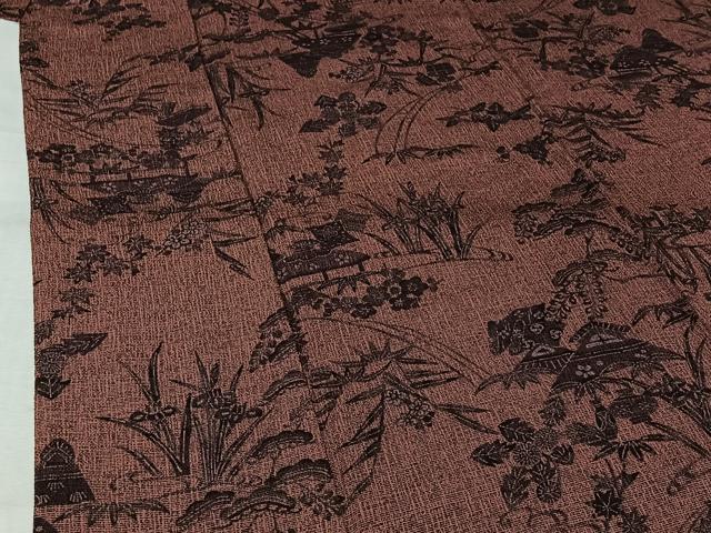 平和屋着物▽上質な小紋　単衣　風景花文　鬼しぼ縮緬　正絹　逸品　AABL6943jh