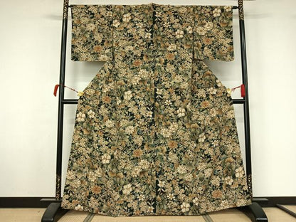 平和屋着物▽上質な小紋　単衣　手描き　草花文　正絹　逸品　AABL6949jh