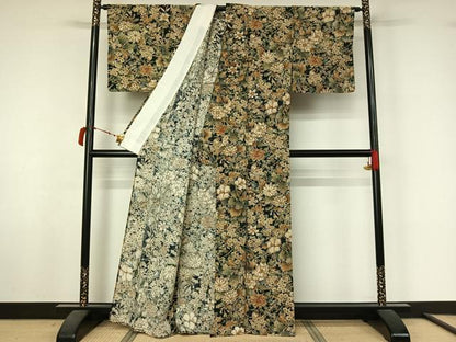 平和屋着物▽上質な小紋　単衣　手描き　草花文　正絹　逸品　AABL6949jh