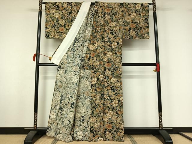 平和屋着物▽上質な小紋　単衣　手描き　草花文　正絹　逸品　AABL6949jh