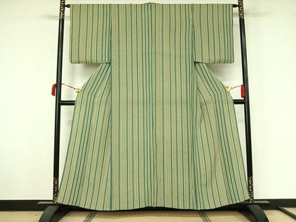 平和屋着物▽上質な小紋　単衣　縞　鬼しぼ縮緬　正絹　逸品　AABL6951jh