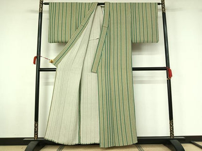 平和屋着物▽上質な小紋　単衣　縞　鬼しぼ縮緬　正絹　逸品　AABL6951jh