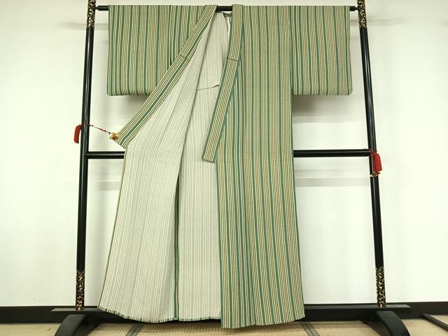 平和屋着物▽上質な小紋　単衣　縞　鬼しぼ縮緬　正絹　逸品　AABL6951jh