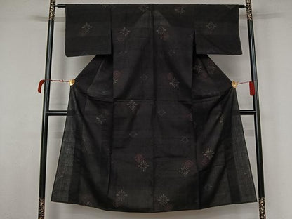 平和屋着物▽上質な紬　単衣　花菱文　黒地　正絹　逸品　AABL6954jh