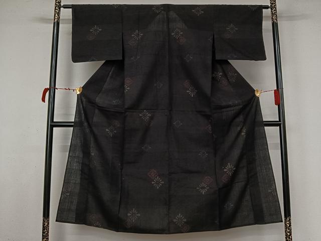 平和屋着物▽上質な紬　単衣　花菱文　黒地　正絹　逸品　AABL6954jh