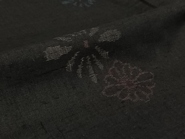平和屋着物▽上質な紬　単衣　花菱文　黒地　正絹　逸品　AABL6954jh
